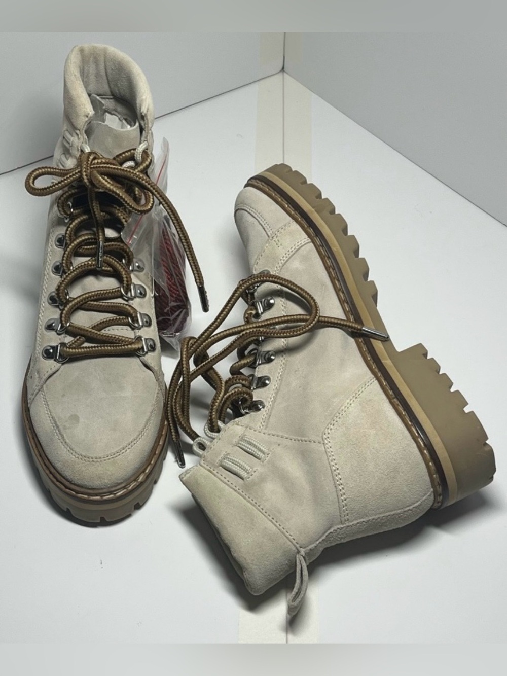 MANGO MNG Size 10 Suede Combat Boots Chunky Lug Sole Lace Up Hiking Style Tan